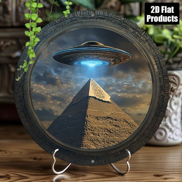 Rundes Metallschild Potdemiel mit Pyramiden-UFO-Motiv in Mehrfarben, dekoratives Retro-Design für Bar, Küche oder Büro - Bild 1