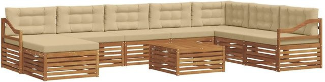vidaXL Sofagarnitur 9-teilig U-Form aus Akazie Massivholz in Natur und Beige mit UV-beständigen Polstern - Bild 1