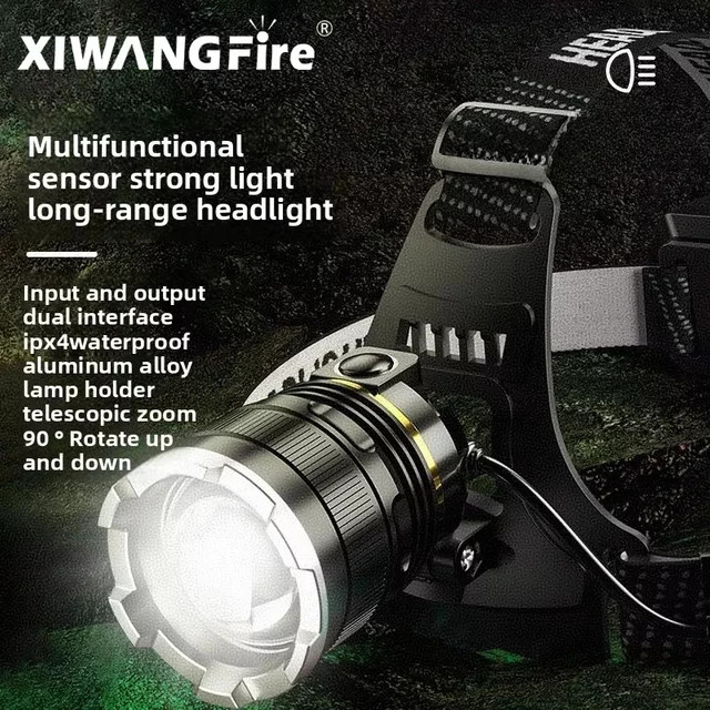 XIWANGFIRE Wiederaufladbare LED-Stirnlampe in Schwarz mit 18650 Akku, wasserdichte Arbeitslampe für Outdoor und Sport - Bild 1