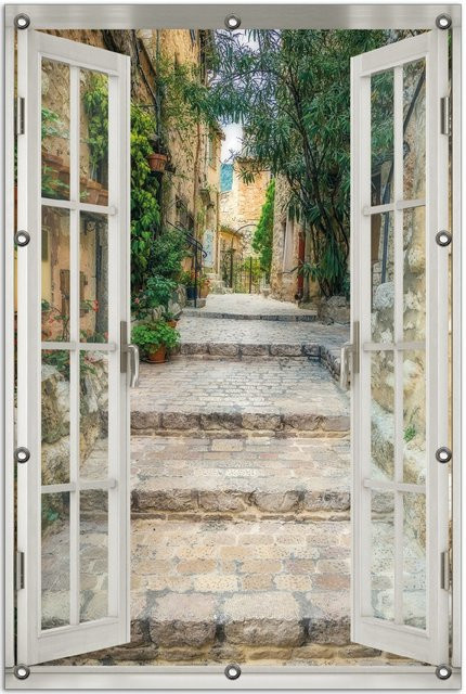 Wallario Gartenposter mit Fenster-Illusion Alte steinerne Gasse in Südfrankreich, B: 100 cm, H: 150 cm - Bild 1