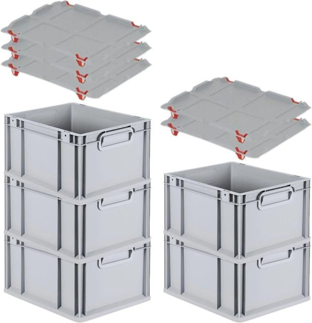 PROREGAL SparSet 5x Eurobox NextGen Grip mit Auflagedeckel und 4 roten Schiebeschnappverschlüssen, Grau, H x B x T: 22 x 30 x 40 cm, 20 Liter - Bild 1