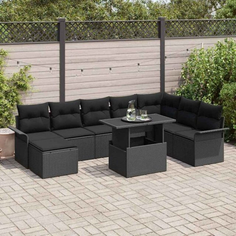 vidaxl Garten-Sofa-Set aus Poly-Rattan mit 9 Kissen in Schwarz - Bild 1