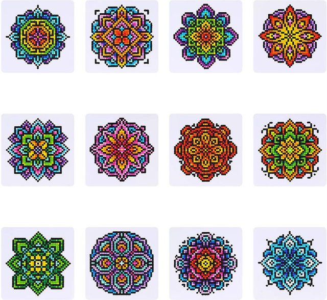 Momoart 12-teiliges Diamantgemälde Set Mandala-Blume in Mehrfarbig, Abstraktes Rundes Diamant-Mosaik Bastelset für Tabletop-Hobby - Bild 1