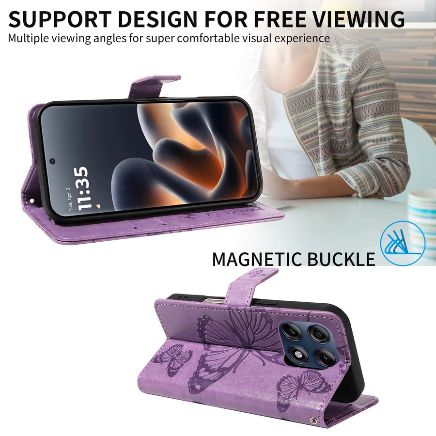 Leder-Brieftaschenhülle mit Schmetterlings-Prägedesign für Motorola Moto Edge 60 70 X70 Air G86 G56 G06 G67 Pro Fusion Power in Grau und Lila - Bild 3