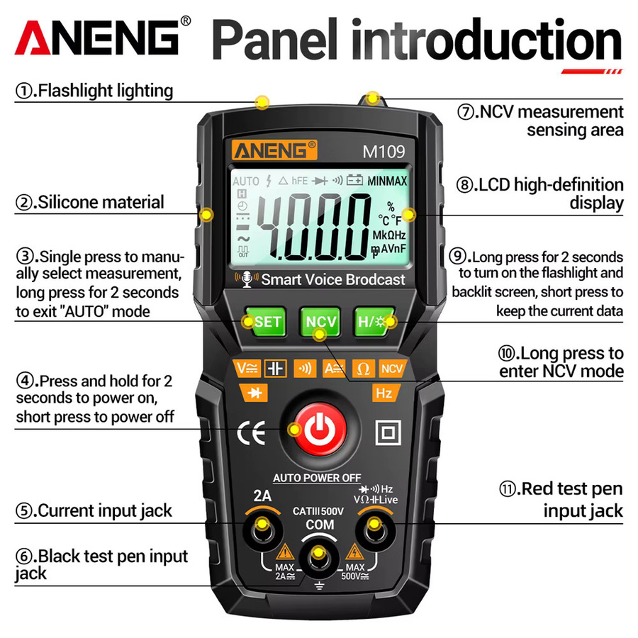 ANENG M109 Smart Multimeter Tester AC/DC Spannungsmessgerät mit Sprachausgabe, NCV, Kapazitäts- und Durchgangsprüfung, Schwarz - Bild 5