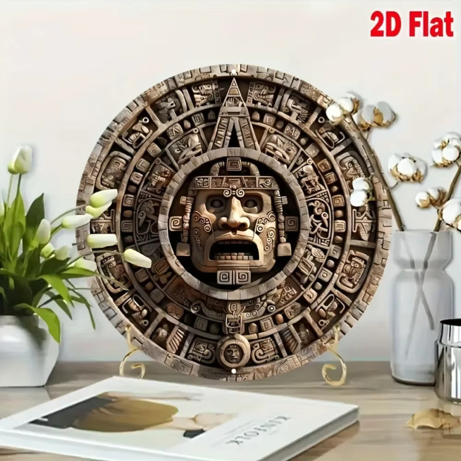 HELLOYOUNG Maya-Kultur-Schnitzerei aus Holz in Braun, rundes Wanddekor mit ethnischen und geometrischen Motiven, Durchmesser: 20 cm - Bild 3