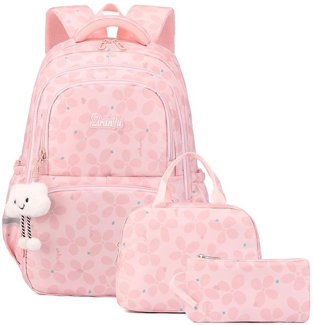 OKKID 3er Set Schultaschen für Mädchen mit Blumenmuster und kleinen Puppen in Pink inklusive Brottasche und Federtasche - Bild 1