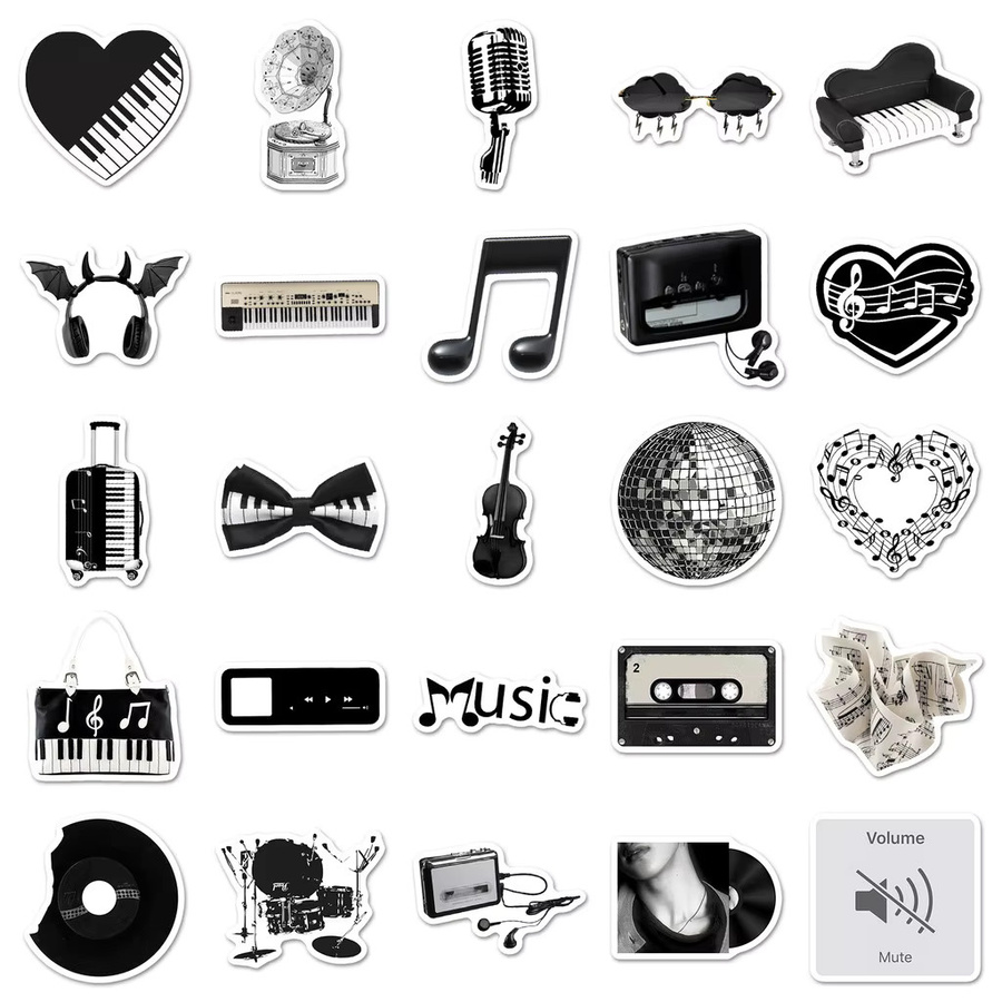 50 Stück wasserfeste Musik-Aufkleber im INS-Stil in Schwarz und Weiß von LanLanStickersWorld Store für Handyhüllen und Tagebücher - Bild 4