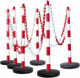 GUARDA Kettenständer Set mit befüllbarem Rundfuß aus Kunststoff, 10 m Kunststoffbeschichtete Kette, Verbinder und 6 Haken in Rot/Weiß - Bild 1