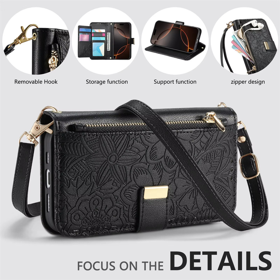 Crossbody Flip Wallet Handyhülle aus PU-Leder mit Reißverschluss und Kartensteckplätzen für iPhone 17 Pro Max, 16, 15, 14, 13 in Schwarz - Bild 3