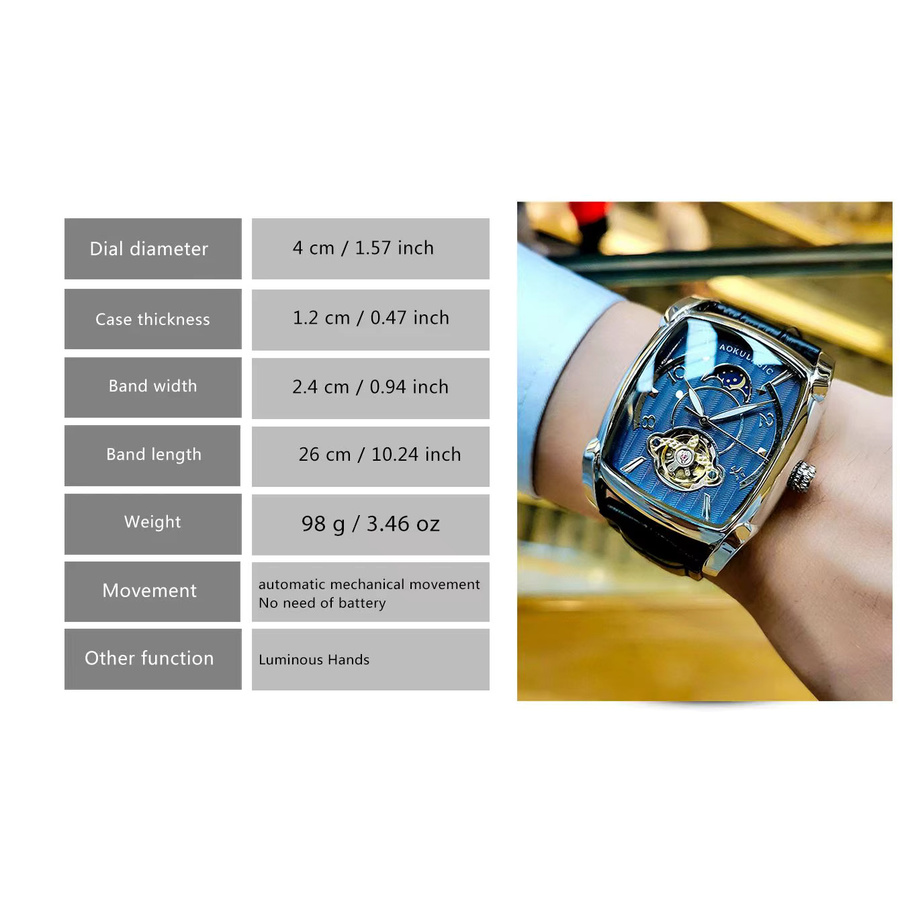 AOKULASIC Armbanduhr Tourbillon Skelett, Edelstahl, Leder, Herren - Bild 4