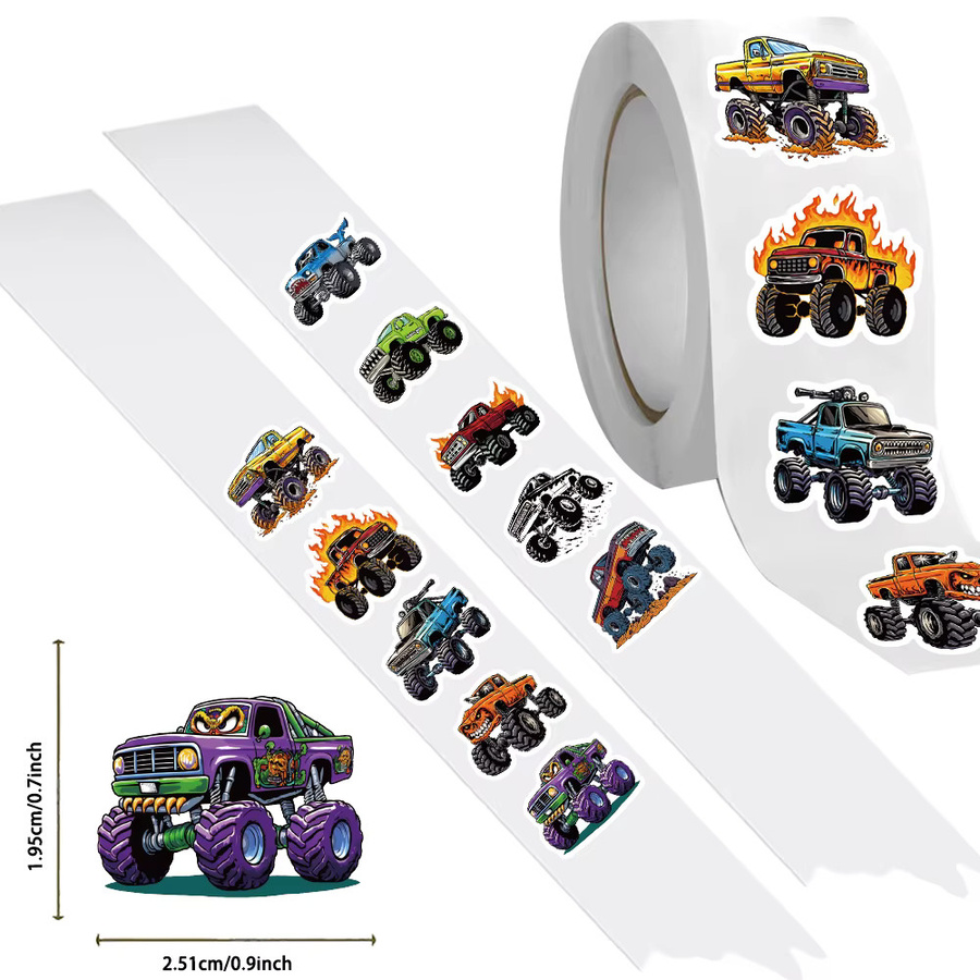 500 Stück Monster-Truck-Aufkleber für Kinder in 10 verschiedenen Cartoon-Stilen, bunte Autoaufkleber-Rolle für Kindergarten und Dekoration - Bild 2
