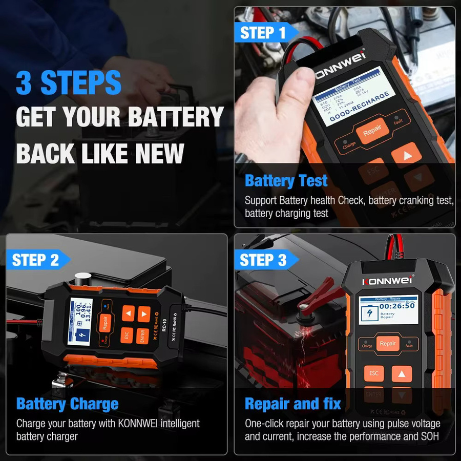 KONNWEI KW520 3-in-1 Multifunktionaler Autobatterietester und 12V Ladegerät für Blei-Säure, AGM und Lithium Batterien mit Pulsreparaturfunktion - Bild 3