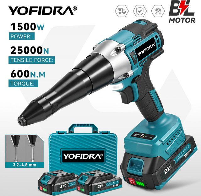 YOFIDRA Bürstenlose elektrische Nietpistole 25000N kabelloser Nietbohrer zur Metallbefestigung kompatibel mit Makita 21V Akku - Bild 1