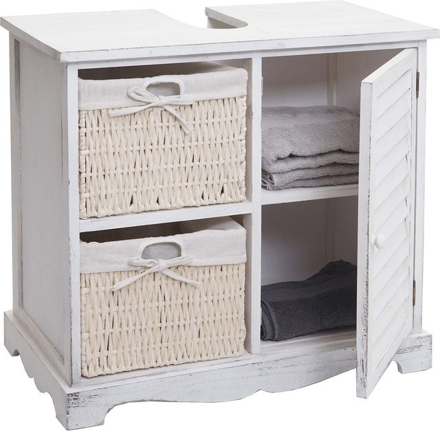 Waschbeckenunterschrank MCW-H20 aus Massivholz mit Korb-Schublade in Shabby Weiß, B/T/H: 60 x 31 x 65 cm - Bild 1