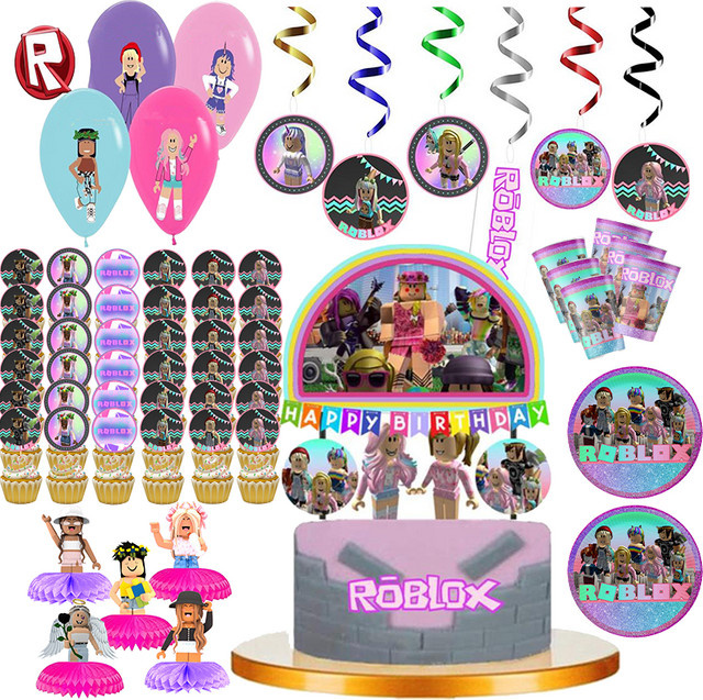 Rosa Robloxed Geburtstagsdekoration Set aus Einweggeschirr mit Tellern, Tassen und Servietten für Mädchen in Pink und Multicolour - Bild 1