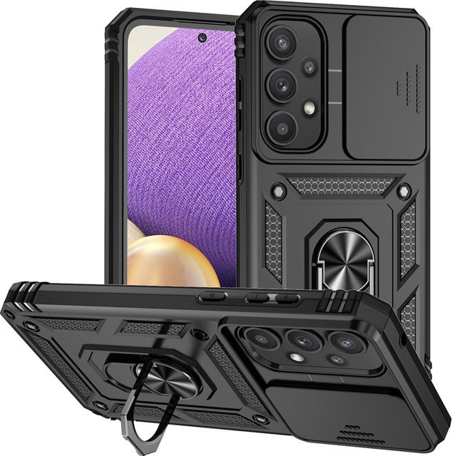 Stoßfeste Schutzhülle mit Ringhalter und Objektivschutz für Samsung Galaxy A05, A05S, A15, A35 und A55 in Schwarz oder Gold - Bild 1