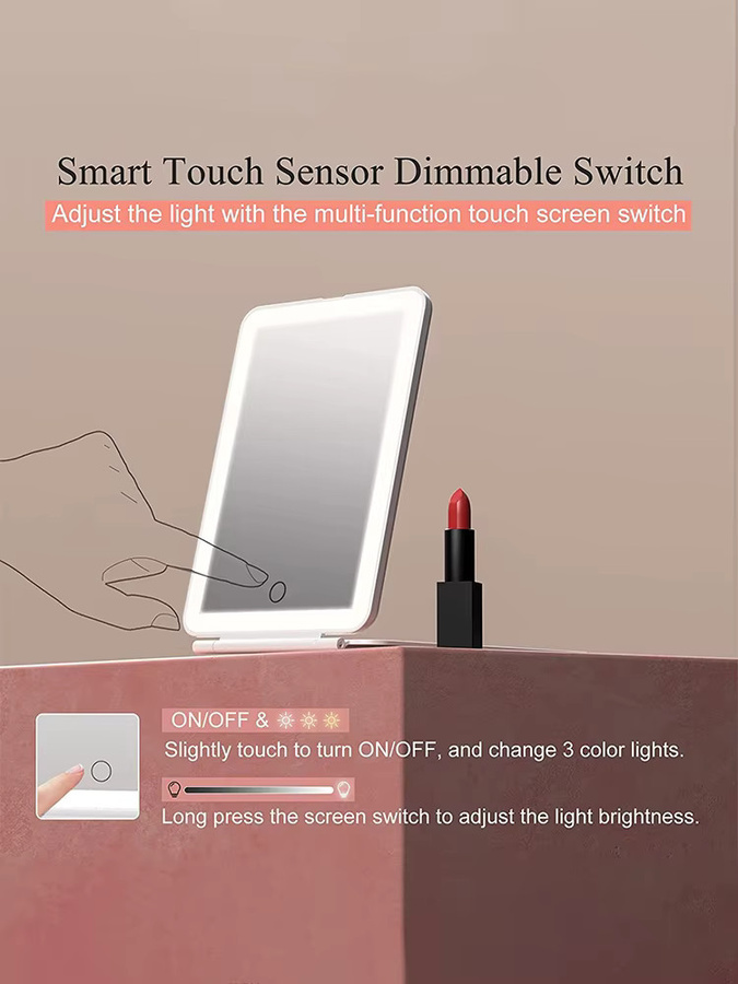 Cosmomiro LED-Reise-Make-up-Spiegel mit 3-Farben-Licht und Touchscreen, tragbarer Tisch-Kosmetikspiegel in Rosa, USB-wiederaufladbar - Bild 4