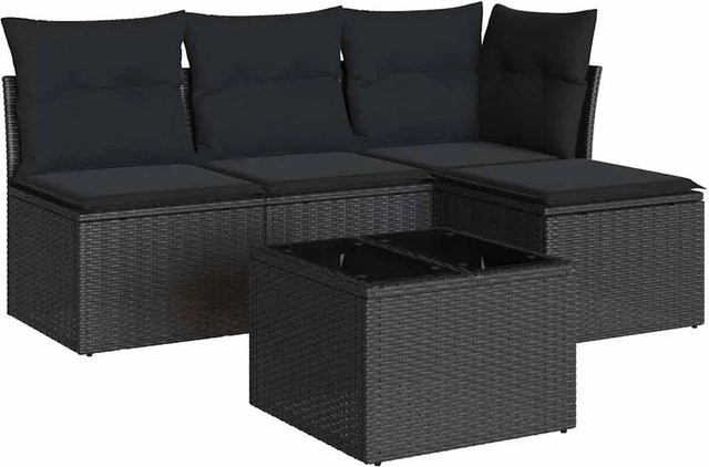 vidaXL 5-teilige Garten-Sofagarnitur in L-Form aus schwarzem Poly-Rattan mit wetterfesten Kissen und pulverbeschichtetem Stahlgestell - Bild 1