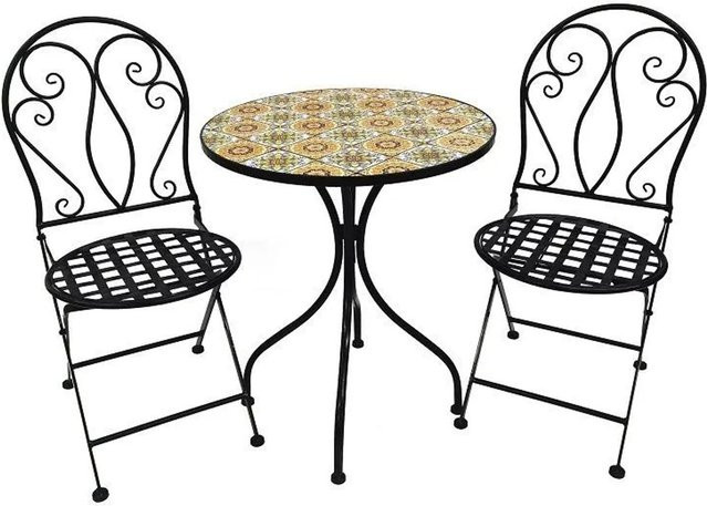 Lex 3-teiliges Mosaik Bistro Set aus Eisen und Keramik, klappbare Sitzgruppe für Garten, Balkon und Terrasse, Schwarz/Mehrfarbig - Bild 1