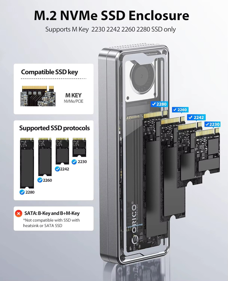 ORICO USB4 M.2 NVMe SSD Gehäuse mit 40Gbps Übertragungsrate und Kühlventilator, kompatibel mit Thunderbolt 4/3 und M.2 SSDs der Formate 2230, 2242, 2260, 2280 (M Key) - Bild 4