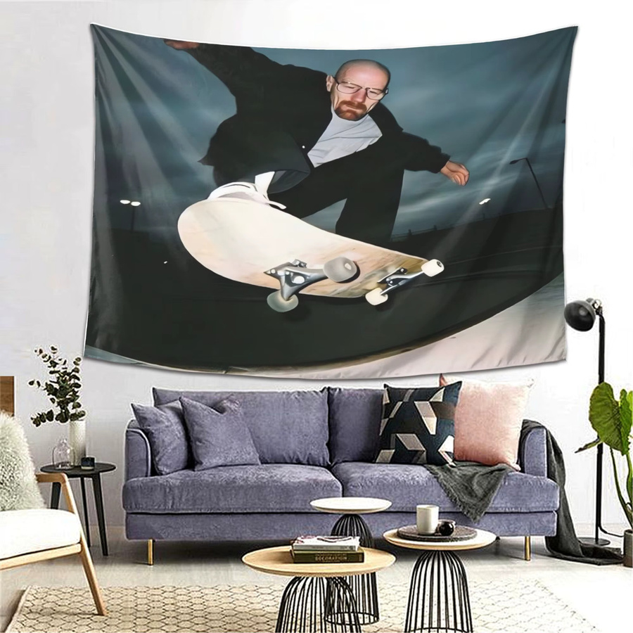 VIKAMA Wandteppich im Retro-Skateboard-Design, weiß und mehrfarbig, abstrakte Fotografie als Wanddekoration für dein Wohnzimmer oder Sofa - Bild 4