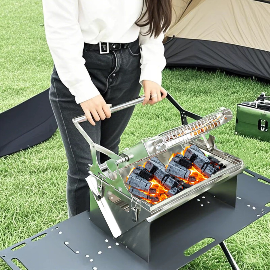 HDWYSY.COM Tragbarer 360 Grad rotierender Holzkohlegrill aus Edelstahl 304 mit umklappbarem Korb in Helles Silber - Bild 2