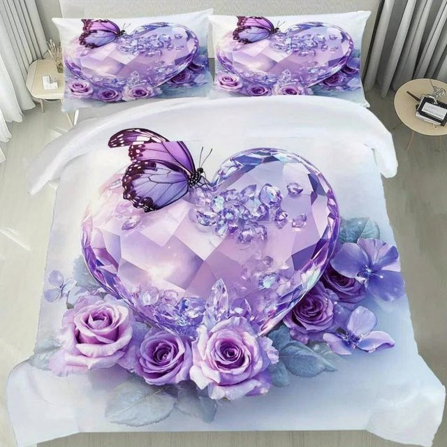Latacaca 3-teiliges Bettwäscheset Kristall Rose in Lila mit Rosen und Schmetterlingen, bestehend aus 1 Bettbezug und 2 Kissenbezügen, B/H: 180 x 210 cm - Bild 1