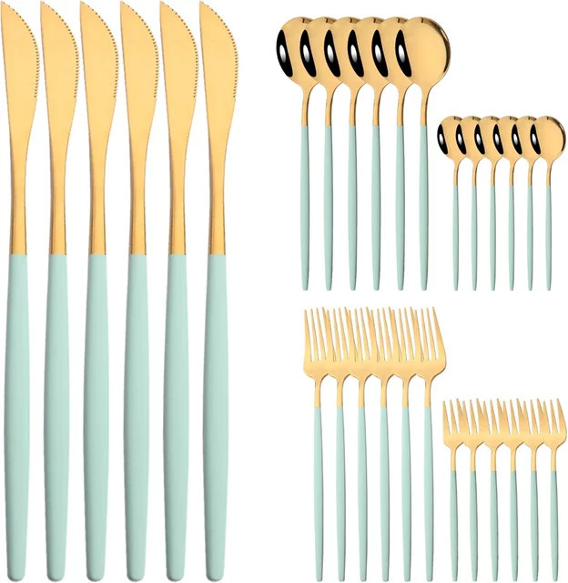 Uniturcky Besteckset aus Edelstahl in Mint und Gold, 30-teiliges Set bestehend aus Messern, Gabeln und Löffeln - Bild 1