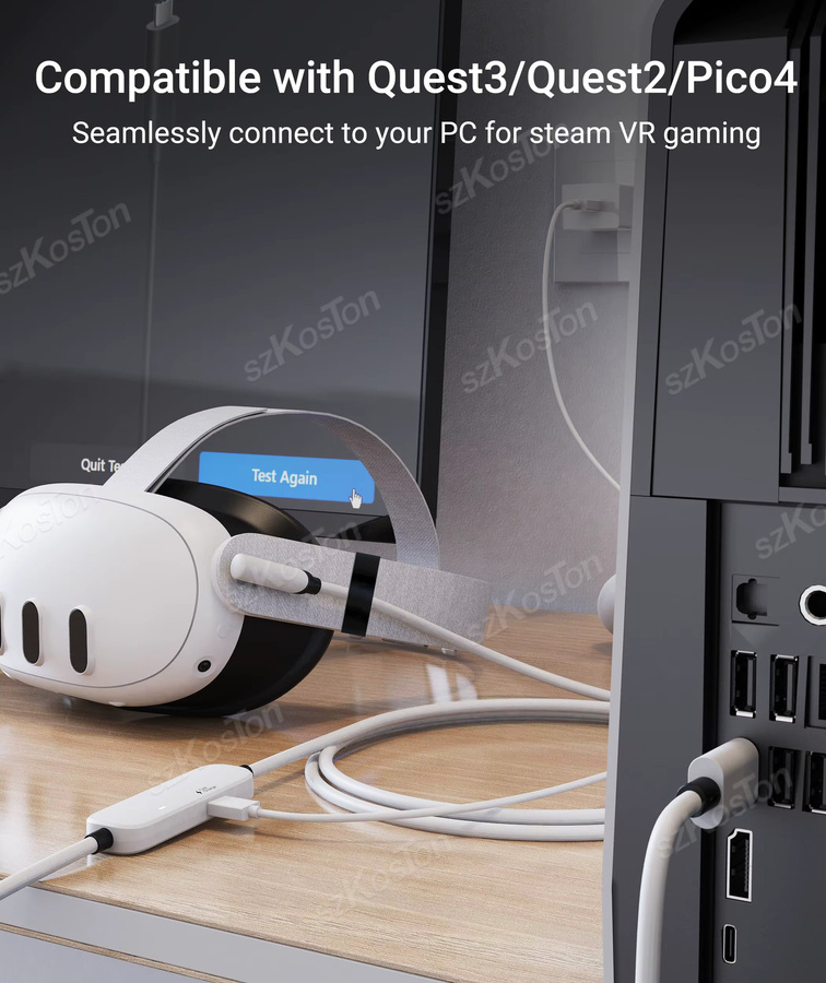 SZKOSTON USB 3.0 VR-Link-Kabel für Meta Quest 3S, Quest 3, Quest 2 und PICO 4, Datenübertragungskabel mit Ladefunktion, Weiß, Länge: 4,88 m - Bild 4