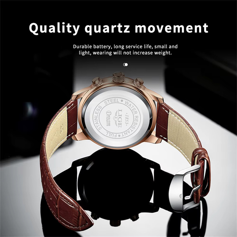 Lige Armbanduhr, Quarzuhr, Leder, Edelstahl, Silber, Weiß, Herren - Bild 5