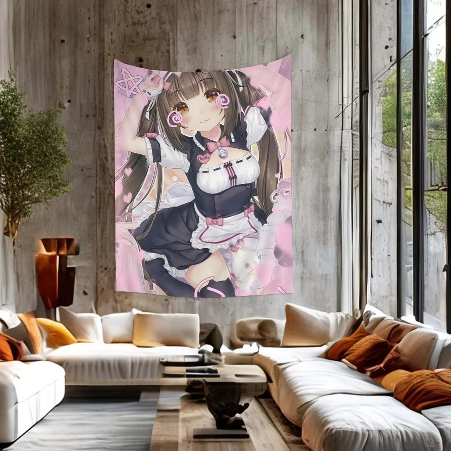Mesuca Wandteppich Neko Para Chocola Vanille Anime Motiv in Pink mit Herz-Illustration im Boho-Stil, Breite: 70 cm, Höhe: 50 cm - Bild 5