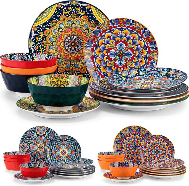 vancasso Tafelservice aus Keramik und Porzellan mit floralem Design in Orange und Multicolour, 12/24 Stück Set bestehend aus Speisetellern, Desserttellern und Schüsseln - Bild 1