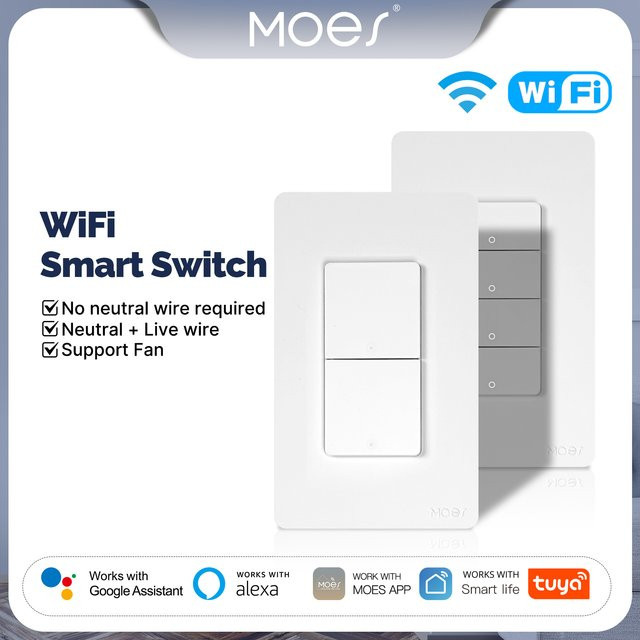 MOES Tuya WiFi Smart Switch Button Wandtaster in Weiß, US Single-Live/Neutral Wire, kompatibel mit Alexa und Google Home, ohne Neutralleiter erforderlich - Bild 1