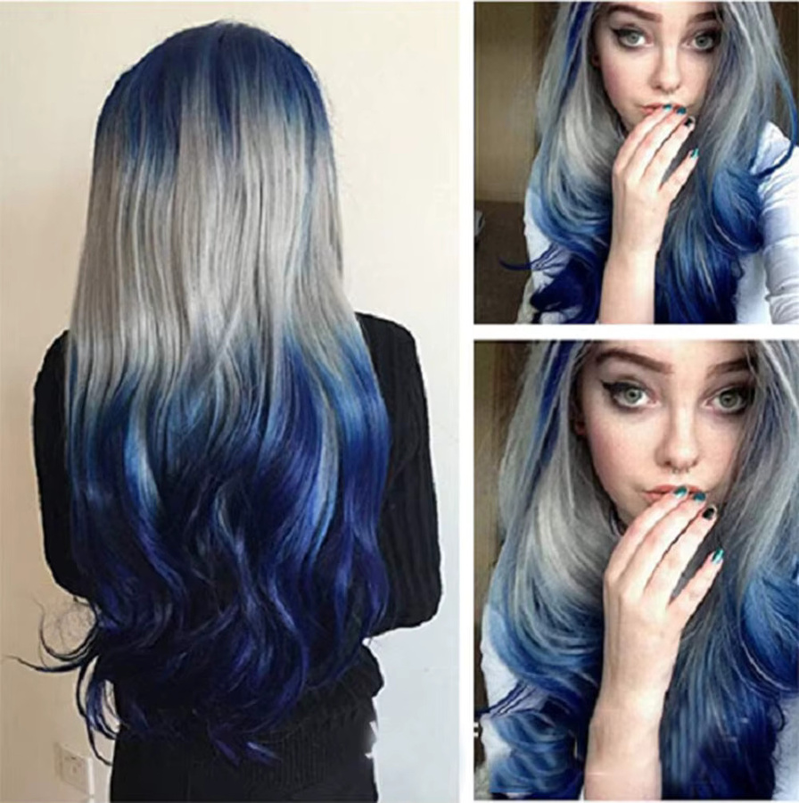 soowee Perücke, synthetisch, lang, blau Ombre-Grau, gewellt, Damen - Bild 2