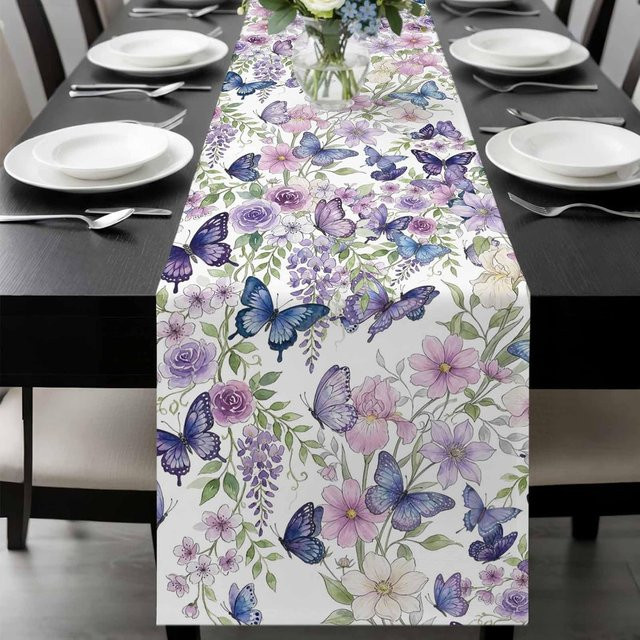 JINGYUE Pet Leinen Tischläufer mit Aquarell Blumen und Schmetterlingen, Mehrfarbig, B/H: 33 x 150 cm - Bild 1