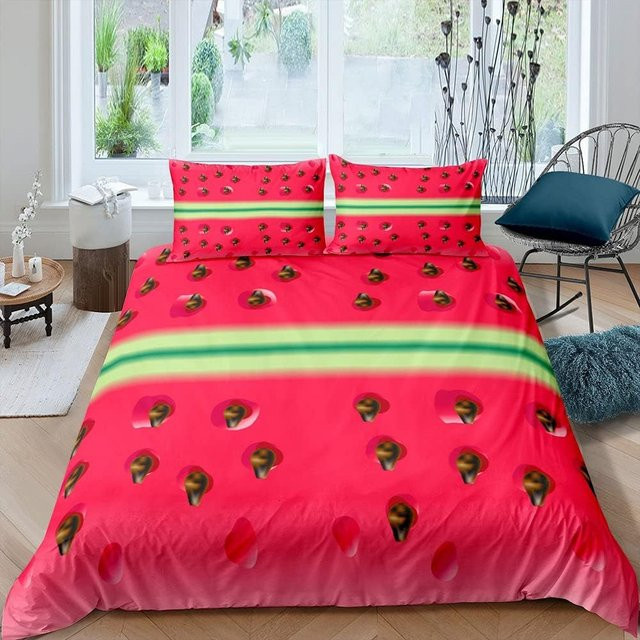 JMG Household Supplies Bettwäscheset Wassermelone mit 3D-Fruchtdruck für Kinder, 2-teiliges Bettbezug-Set aus Mikrofaser, Farbe: Rot/Mehrfarbig, B: 120 cm, L: 150 cm - Bild 1