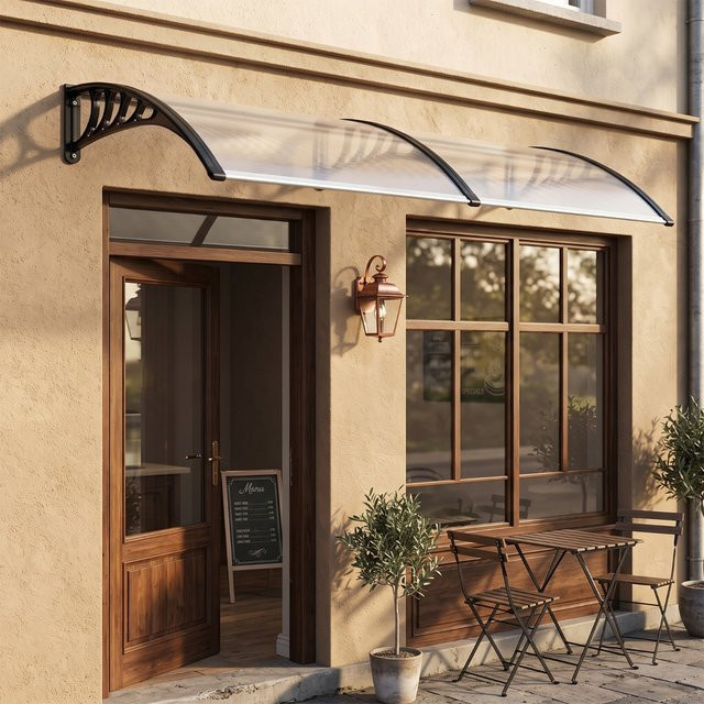 Transparentes Polycarbonat Vordach als Regenschutz und Überdachung, gebogen, Weiß, Breite: 200 cm, Tiefe: 95 cm, Höhe: 24 cm - Bild 1
