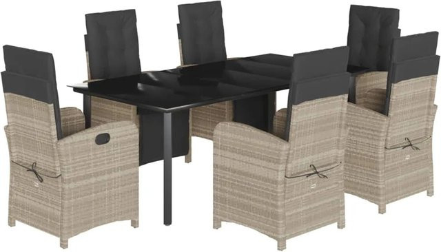 vidaXL 7-teilige Garten-Essgruppe aus Poly-Rattan mit Kissen in Hellgrau und Schwarz, Tischset mit Hartglasplatte für Garten, Hinterhof oder Balkon - Bild 1