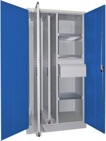 Pavoy Vertikalauszugsschrank mit Trennwand, 2 Auszüge, 3 Fachböden, 2 Schubladen und Türen, Farben: Lichtgrau und Enzianblau, Höhe: 195 cm, Breite: 60 cm, Tiefe: 40 cm - Bild 1