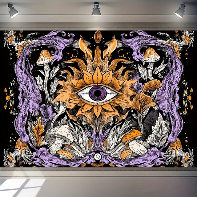 VIKAMA Mystic Eye Boho Wandteppich in Lila und Multicolour mit kosmischer Pilzkunst und Blumenmotiven, Rechteckig, Breite: 60 cm, Höhe: 40 cm - Bild 1
