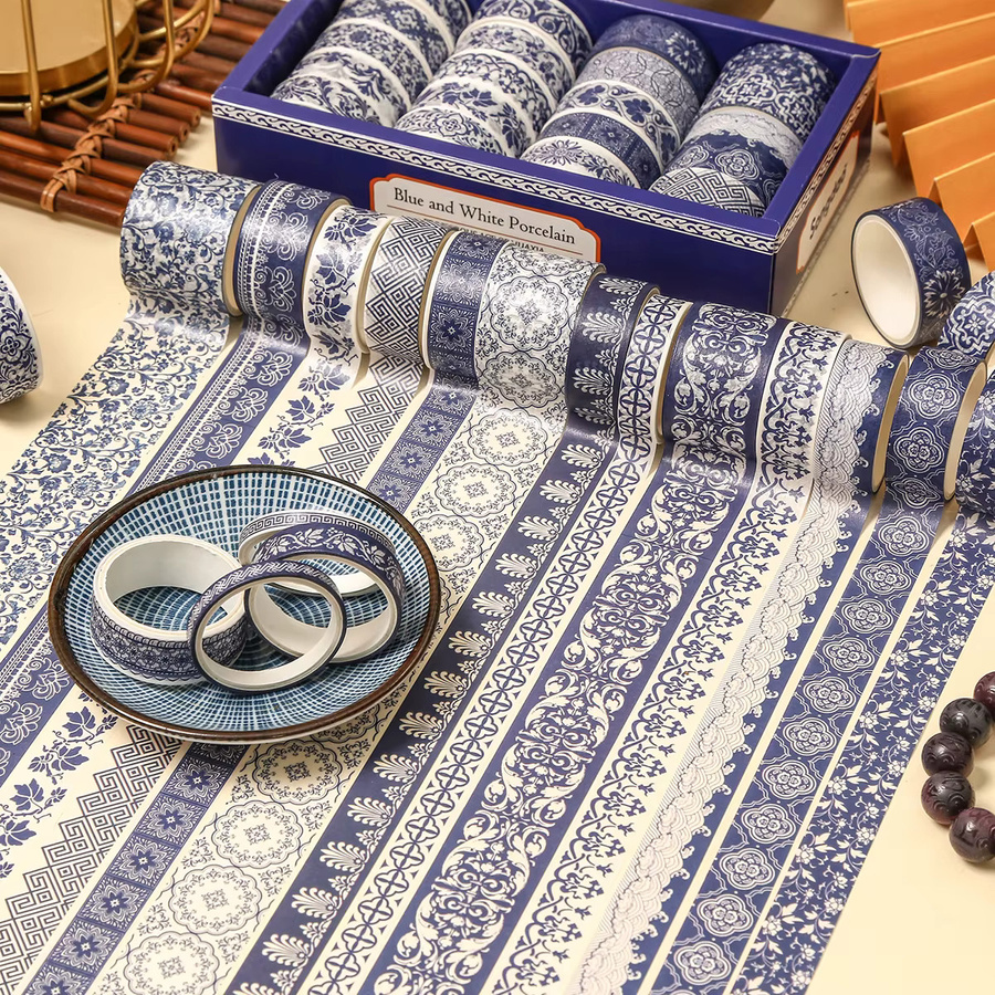 Washi-Tape-Set mit verschiedenen Blumenmustern in Blau und Weiß für deine DIY-Tagebuch- und Fotoalbum-Dekoration - Bild 4