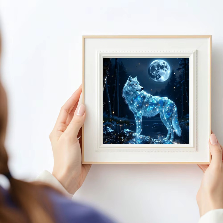 Huacan Diamantgemälde Wolf und Mond als dekorative Tierlandschaft mit Rundbohrern in Blau, Breite: 20 cm, Höhe: 20 cm - Bild 3