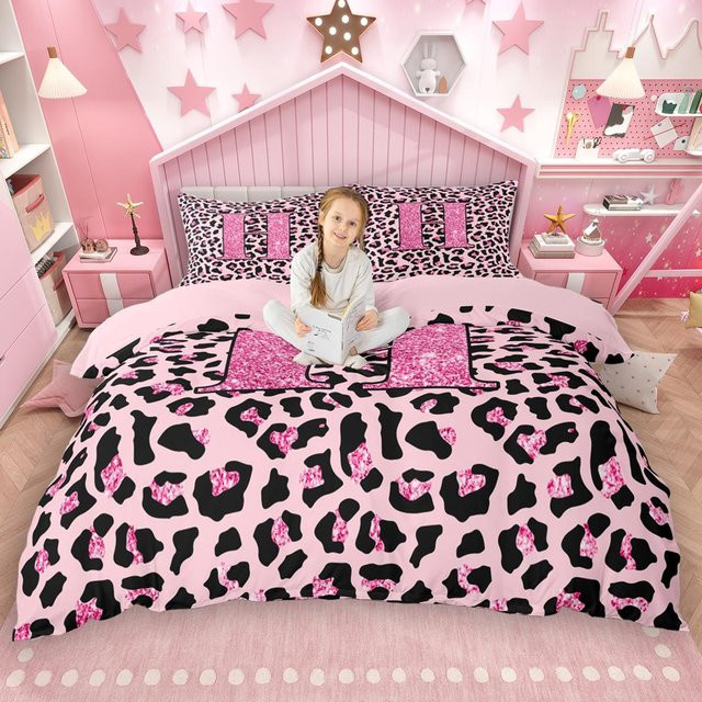 Homewish Bettwäsche-Set mit Leopardenmuster in Rosa für Kinder, personalisierbares Microfaser-Bettbezug-Set mit Glitzer-Monogramm, B/H: 200 x 229 cm - Bild 1