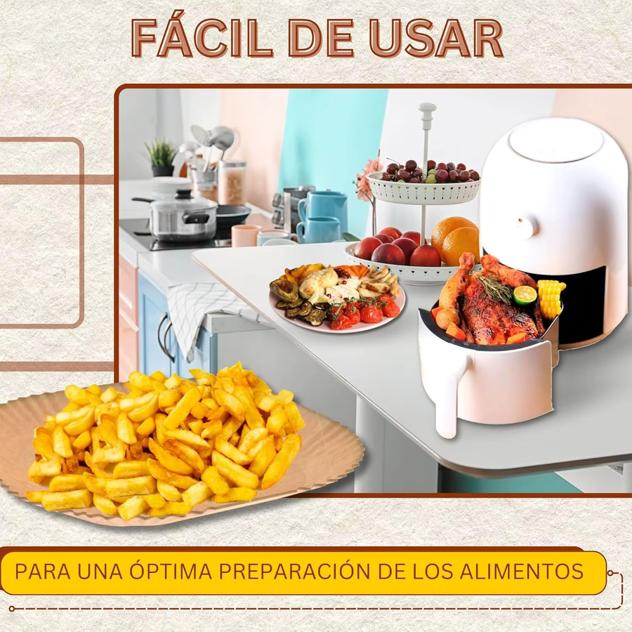 200 Stück Heißluftfritteusenpapier Set aus runden und quadratischen perforierten Einweg-Papieren für Ninja und Cosori, Braun, Durchmesser: 24 cm - Bild 4
