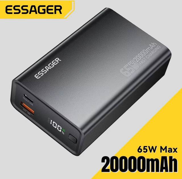 Essager Powerbank 20000mAh mit 65W PD Schnellladung in Schwarz für iPhone, Laptop und Mac - Bild 1