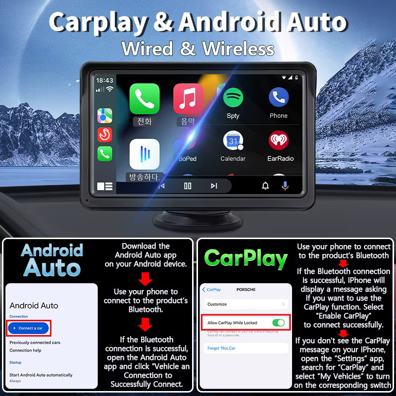 Hippcron 7 Zoll Auto Multimedia Player mit Bluetooth, Wireless CarPlay und Android Auto in Schwarz mit USB und AUX - Bild 2