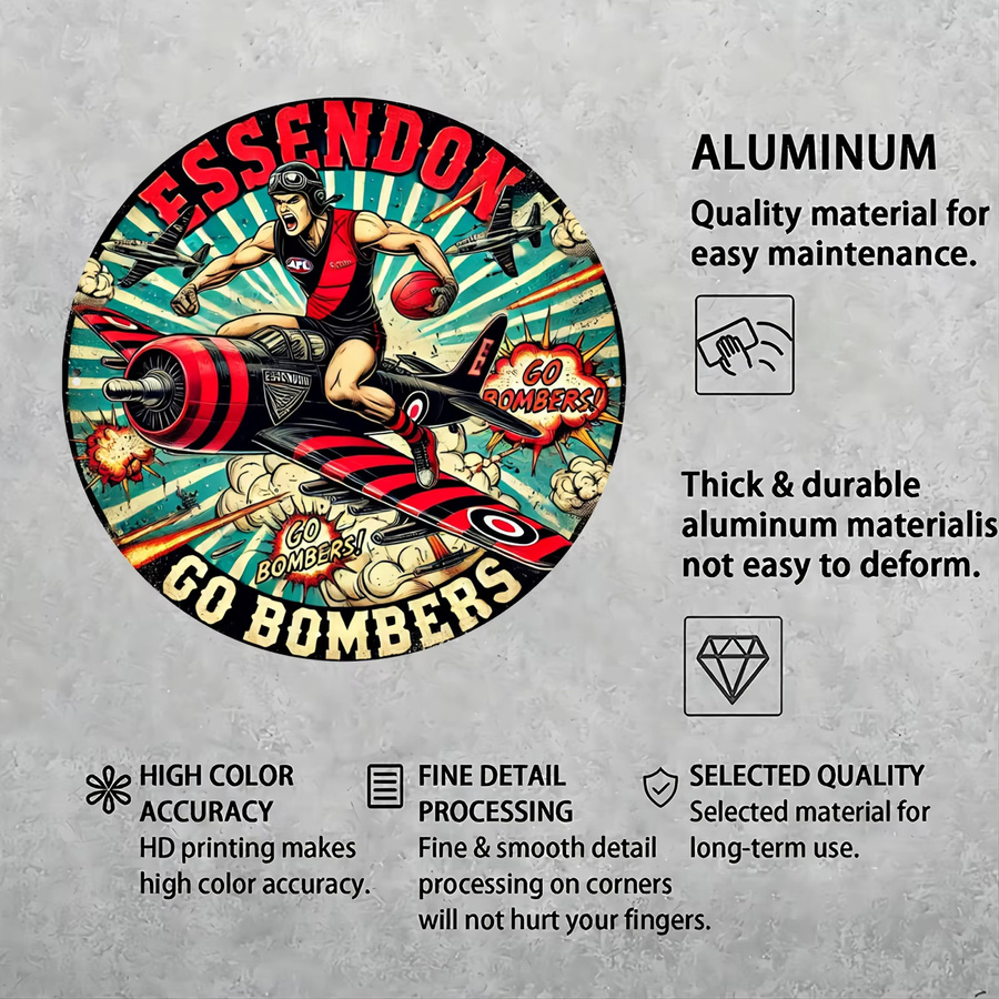 Essendon Bombers Rundes Aluminium-Wandschild im Vintage-Stil mit Fußballspieler und Flugzeug, Mehrfarbig - Bild 6