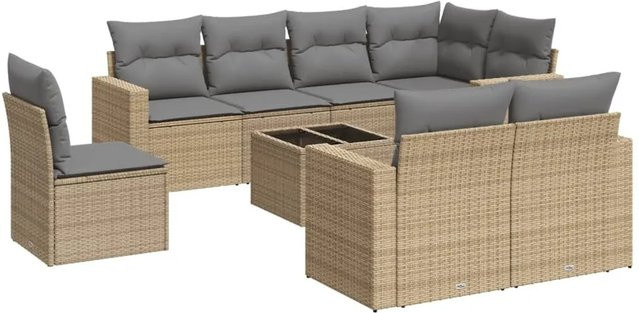 vidaXL 9-tlg. Garten-Sofagarnitur in L-Form aus Poly-Rattan mit Kissen in Beige-Grau und pulverbeschichtetem Stahlrahmen - Bild 1