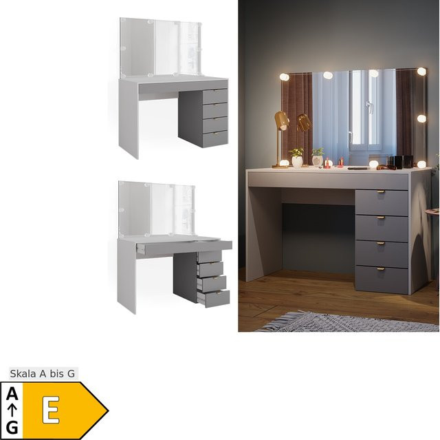 Vicco Schminktisch Elise modern in Weiß und Grau mit LED-Beleuchtung und Spiegel, Breite: 115 cm, Tiefe: 76 cm - Bild 1